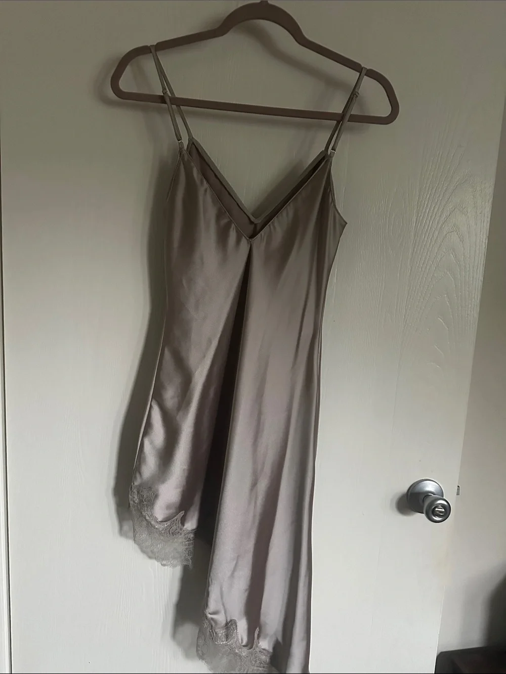 Zara Asymmetrical Slip Dress in Taupe Gray with Lace Trim - Picture 4 of 4